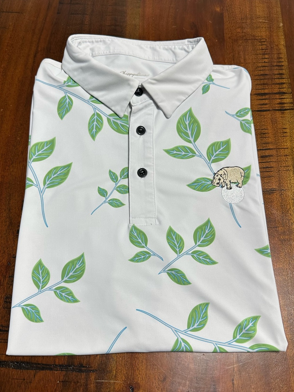 Men's White Golf Polo with Green Leaf Print and Embroidered Bear